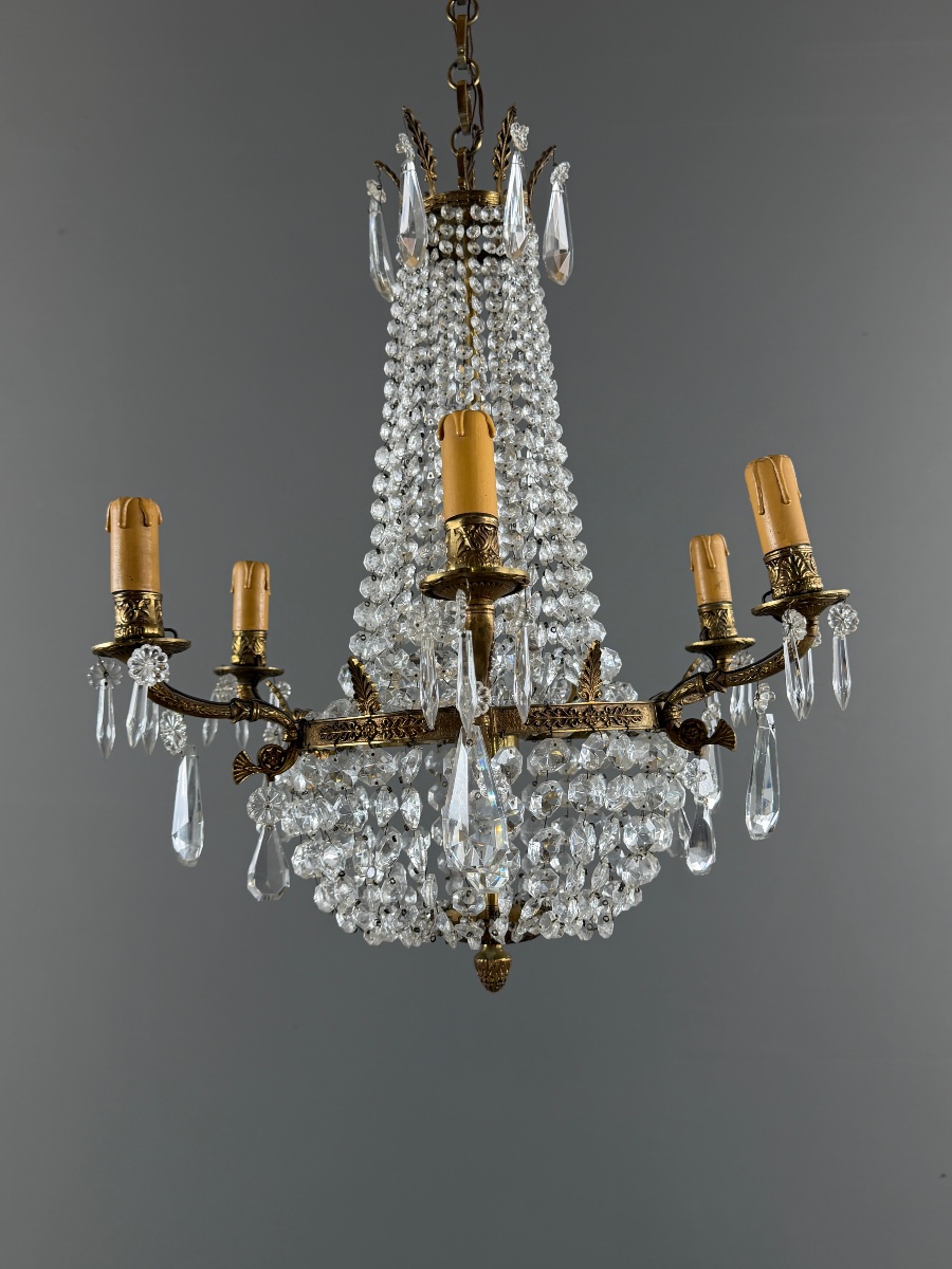 Lustre cage en bronze et cristal, style Louis XVI, XIXe Siècle-photo-2