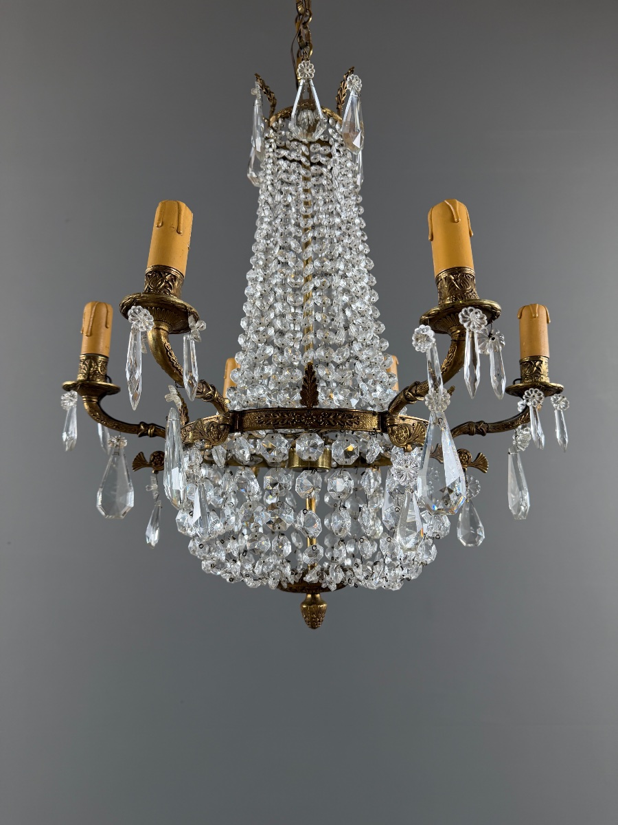 Lustre cage en bronze et cristal, style Louis XVI, XIXe Siècle-photo-4