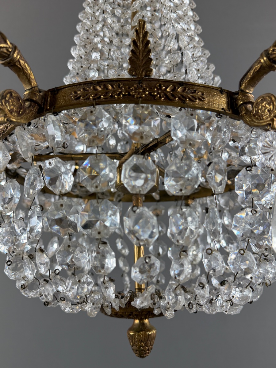 Lustre cage en bronze et cristal, style Louis XVI, XIXe Siècle-photo-1
