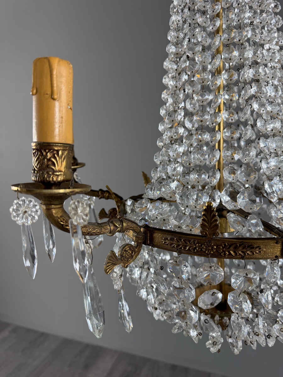 Lustre cage en bronze et cristal, style Louis XVI, XIXe Siècle-photo-3