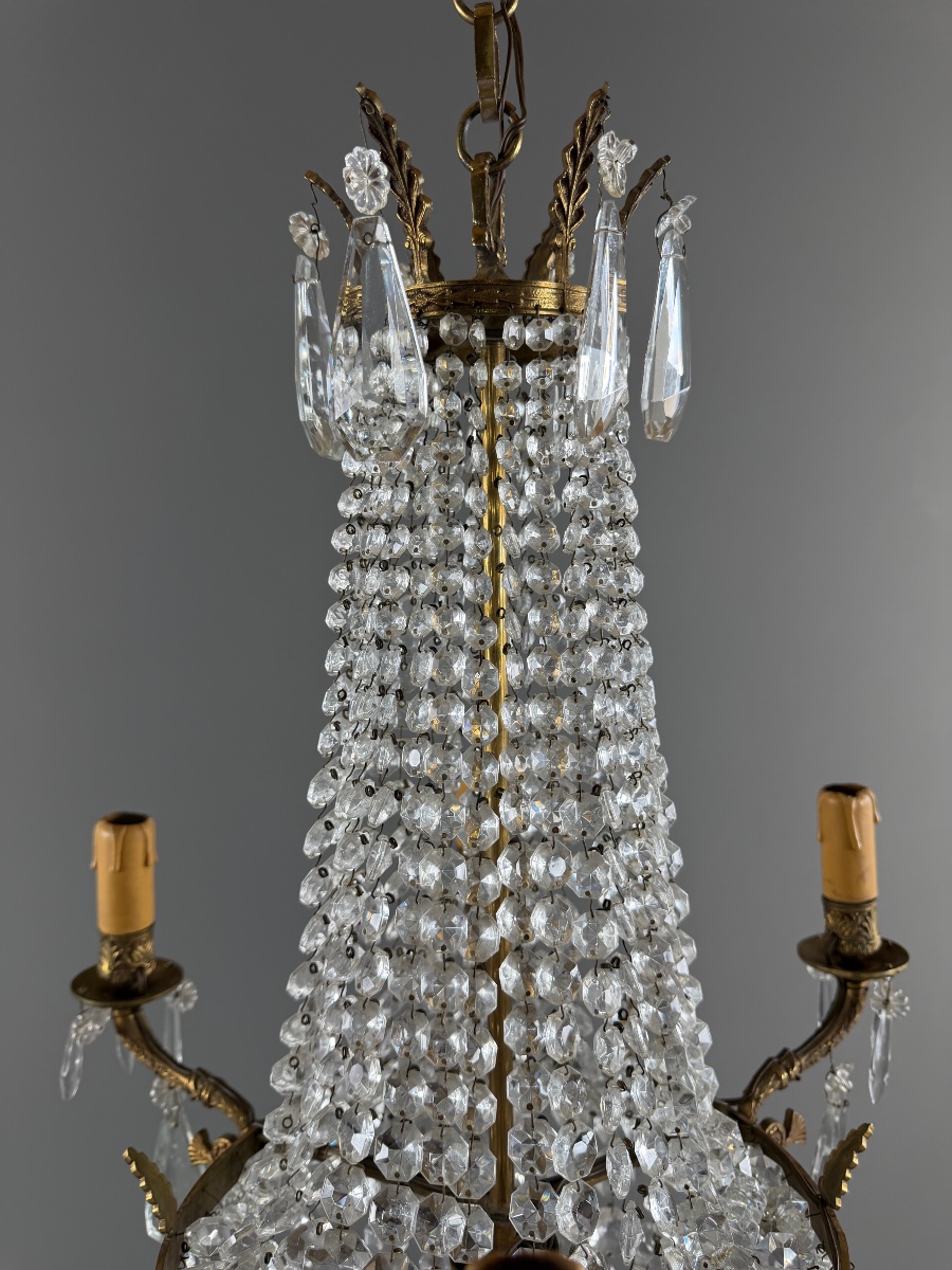 Lustre cage en bronze et cristal, style Louis XVI, XIXe Siècle-photo-4