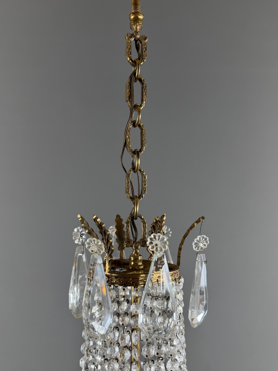 Lustre cage en bronze et cristal, style Louis XVI, XIXe Siècle-photo-6