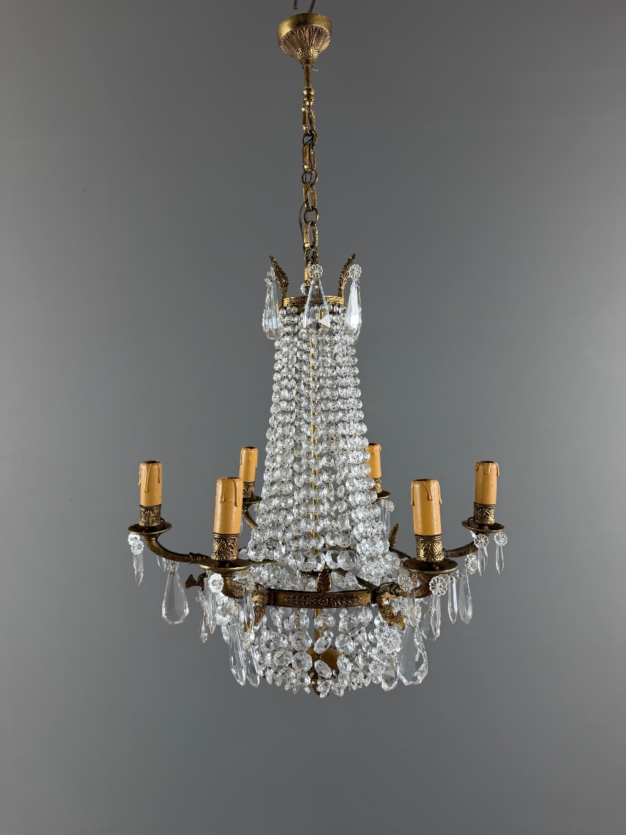 Lustre cage en bronze et cristal, style Louis XVI, XIXe Siècle-photo-7