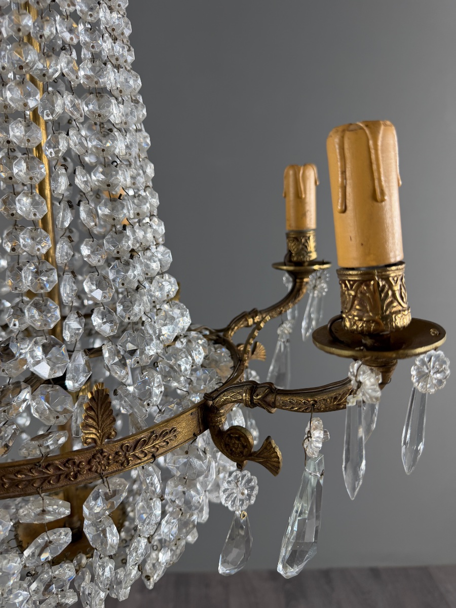 Lustre cage en bronze et cristal, style Louis XVI, XIXe Siècle-photo-8