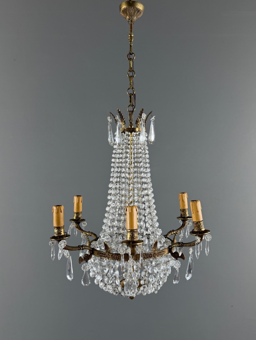 Lustre cage en bronze et cristal, style Louis XVI, XIXe Siècle