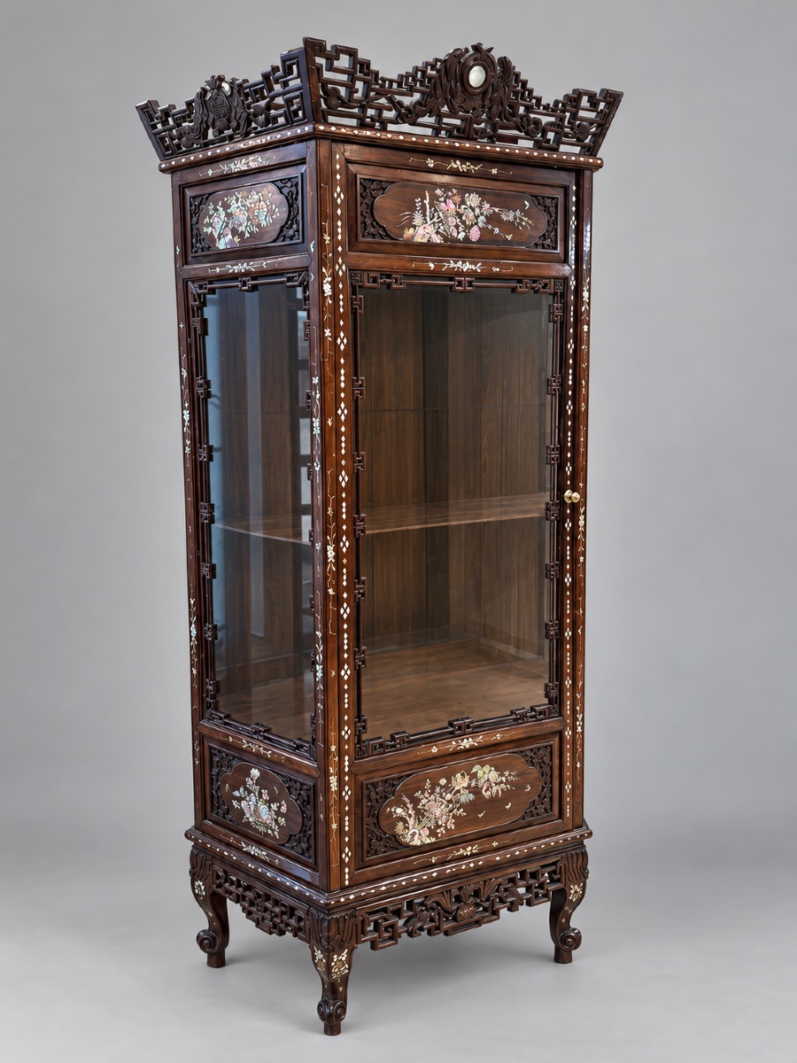 Vietnamese Display Cabinet Made Of Carved Exotic Wood With Mother-of-pearl Inlays, 20th Century