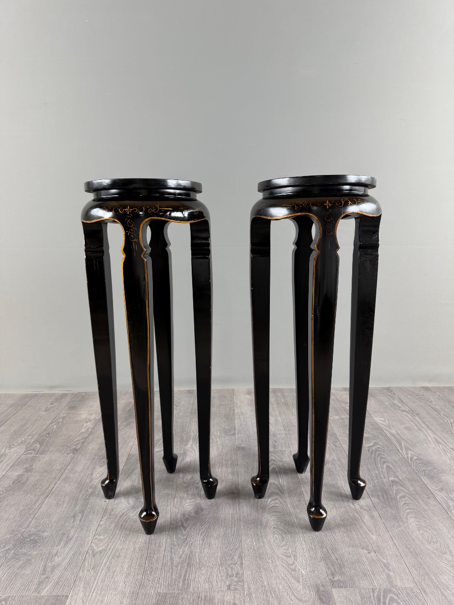 Pair Of Tall, Japanese-style Stools Made Of Black-lacquered Wood, 20th Century-photo-4