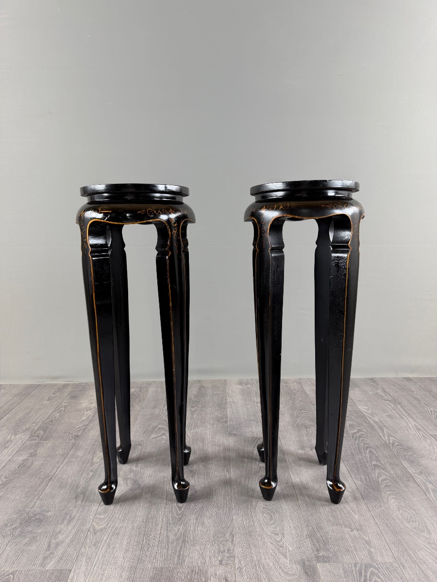 Pair Of Tall, Japanese-style Stools Made Of Black-lacquered Wood, 20th Century-photo-6