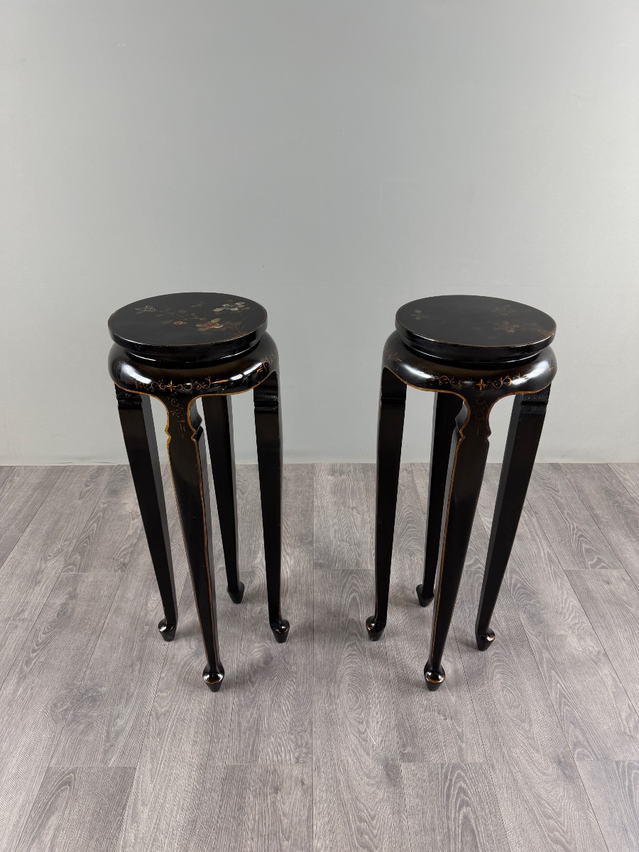 Pair Of Tall, Japanese-style Stools Made Of Black-lacquered Wood, 20th Century-photo-7