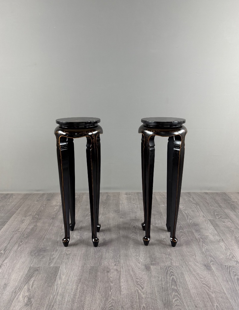 Pair Of Tall, Japanese-style Stools Made Of Black-lacquered Wood, 20th Century