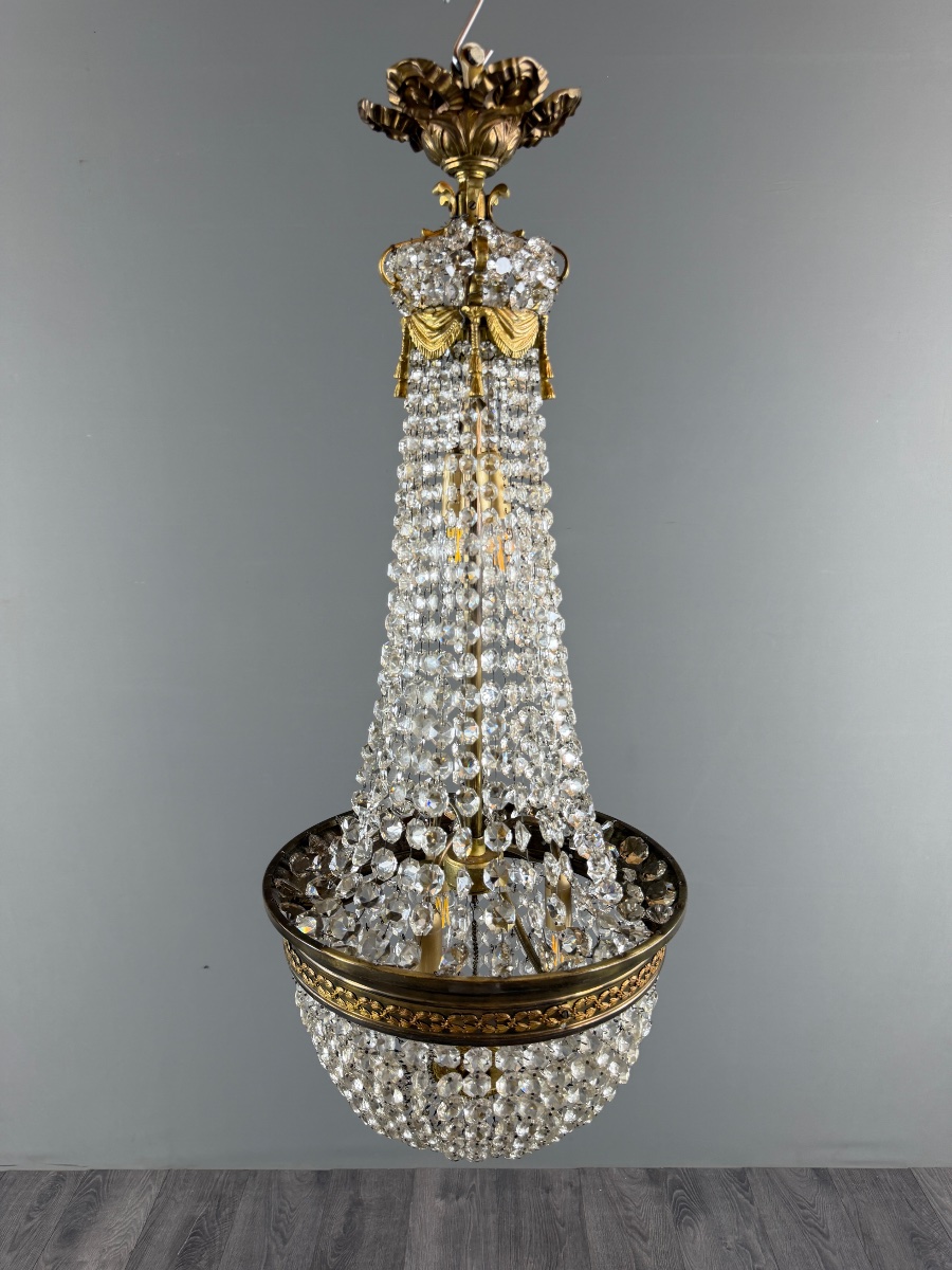 Bronze And Crystal Basket Chandelier, 19th Century-photo-2