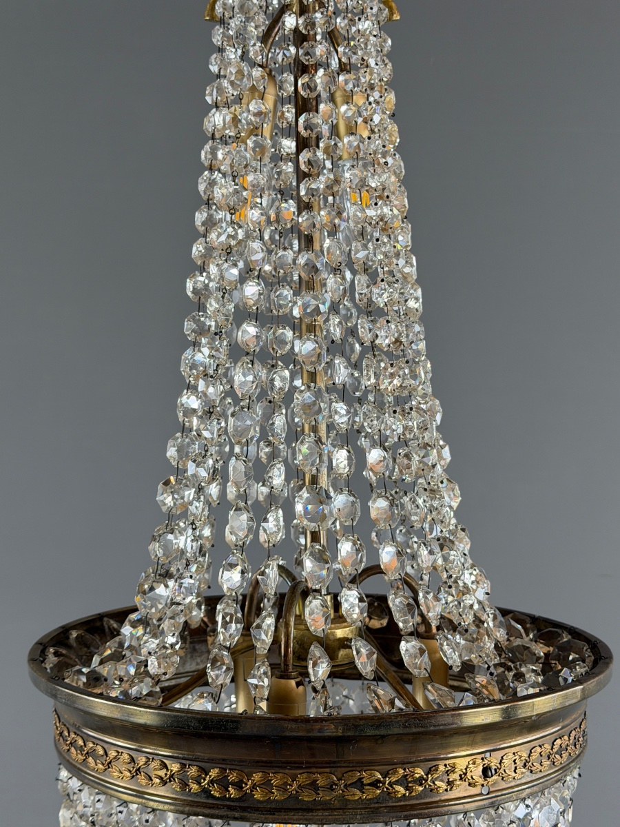 Bronze And Crystal Basket Chandelier, 19th Century-photo-4