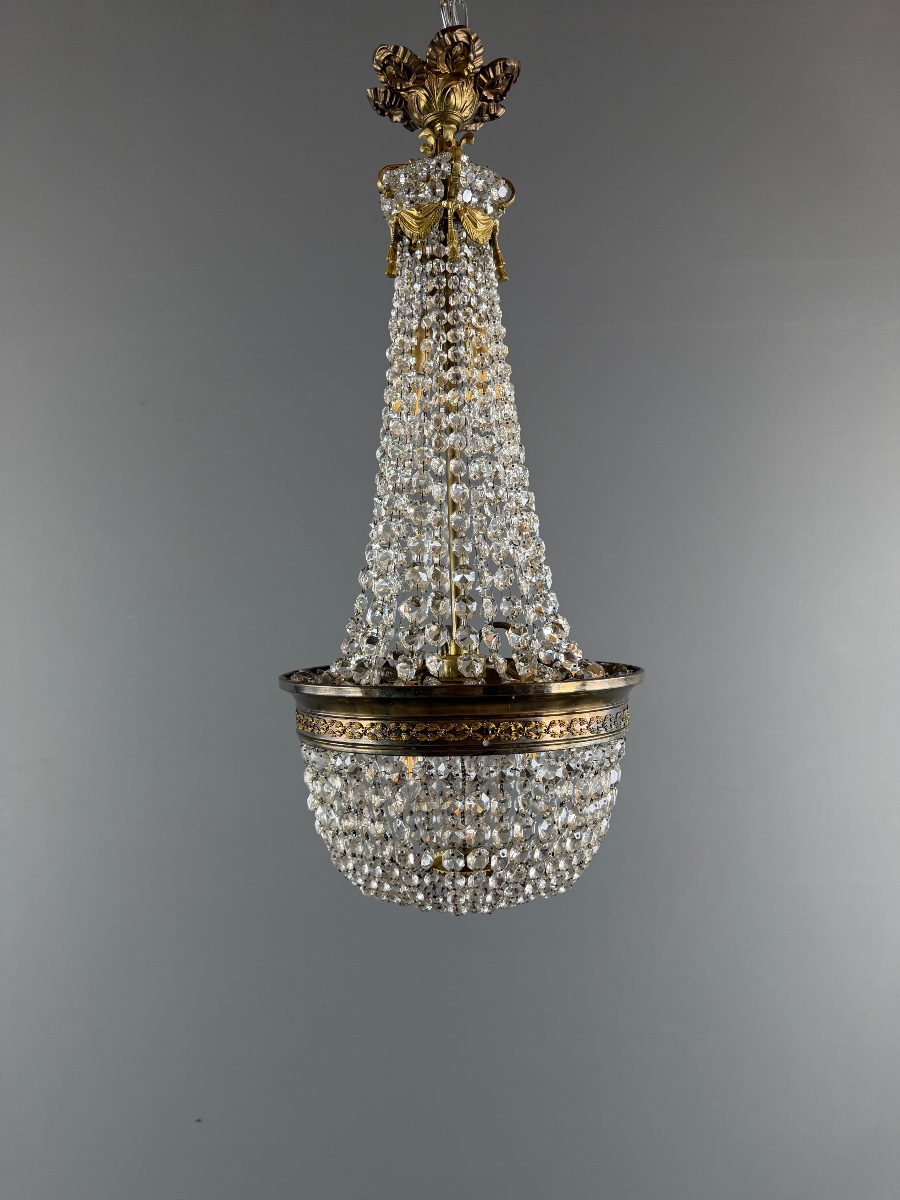 Bronze And Crystal Basket Chandelier, 19th Century-photo-1