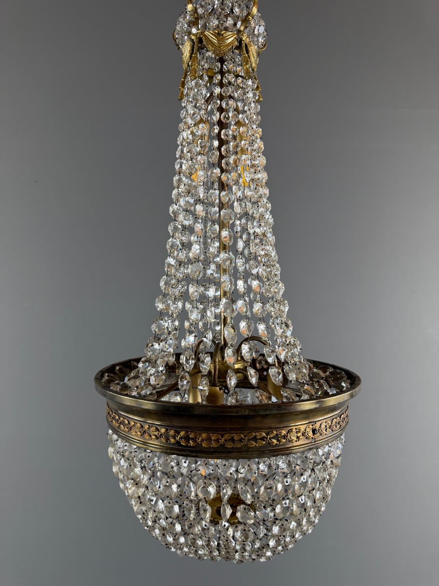 Bronze And Crystal Basket Chandelier, 19th Century-photo-2