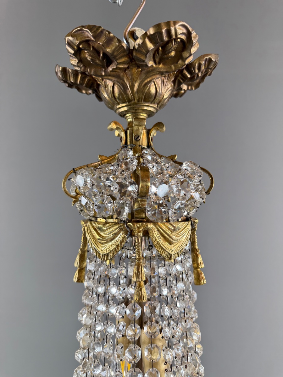 Bronze And Crystal Basket Chandelier, 19th Century-photo-3