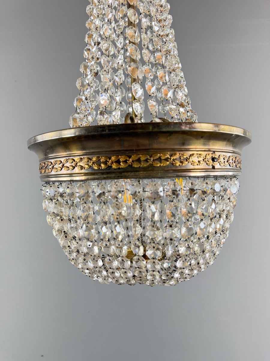 Bronze And Crystal Basket Chandelier, 19th Century-photo-4