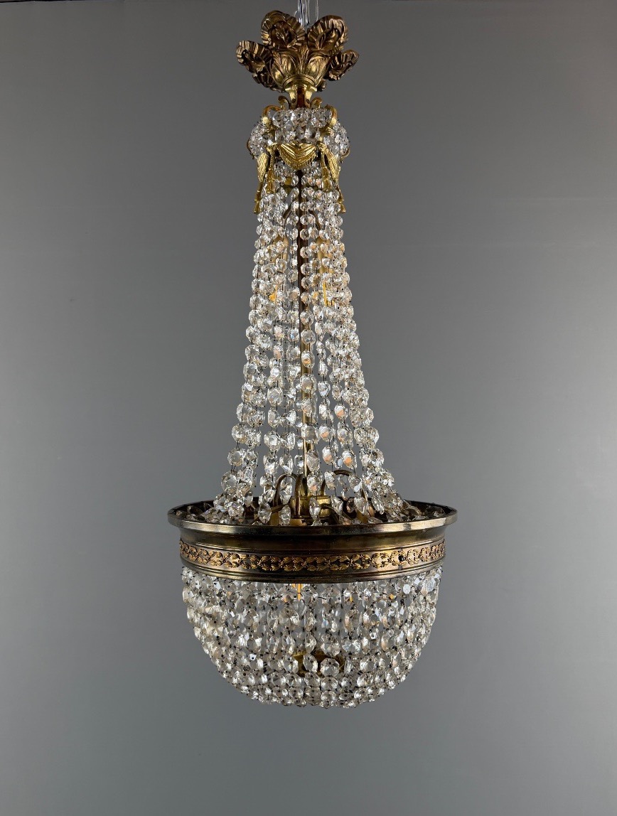 Bronze And Crystal Basket Chandelier, 19th Century