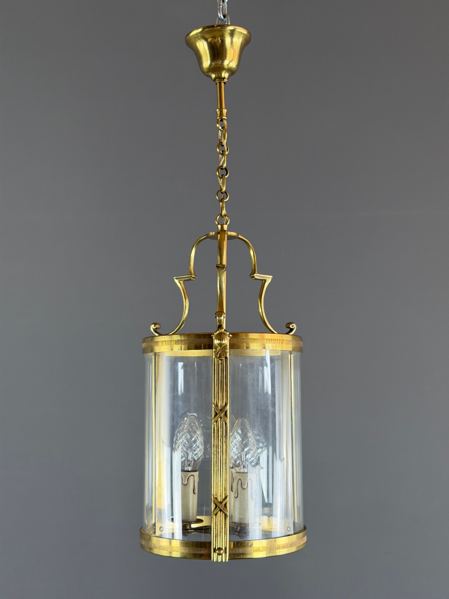 Lanterne cylindrique en laiton et verre, XXe Siècle-photo-1