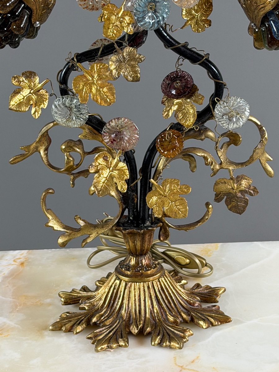 Lampe en bronze et verre polychrome, XXe Siècle-photo-3