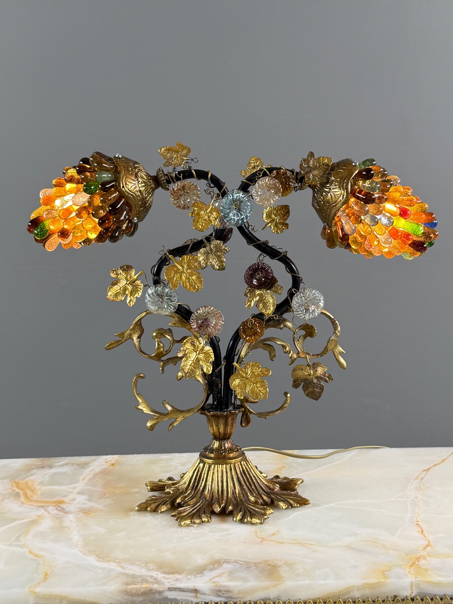 Lampe en bronze et verre polychrome, XXe Siècle-photo-5