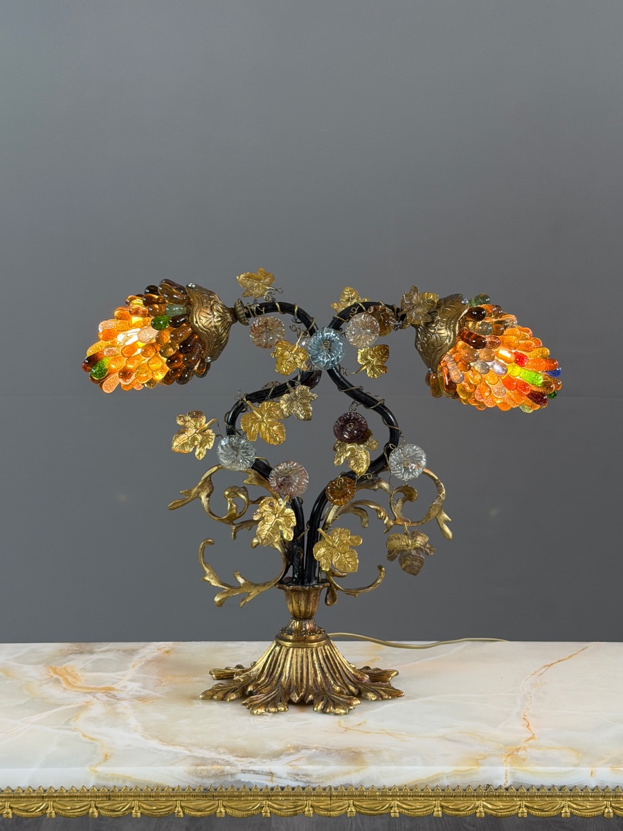 Lampe en bronze et verre polychrome, XXe Siècle-photo-7