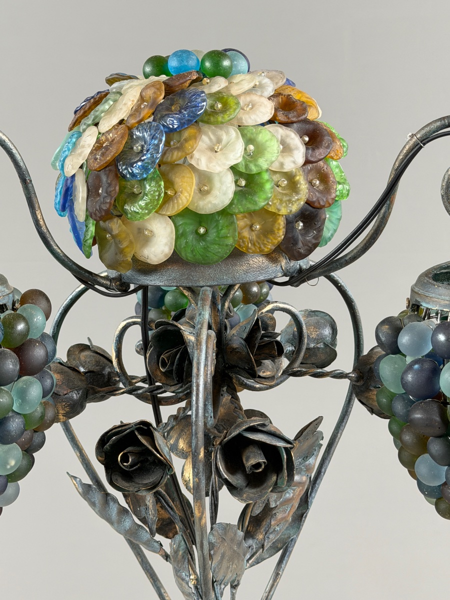 Garniture de trois lampes en bronze et verre de Murano polychrome, XXe Siècle-photo-3