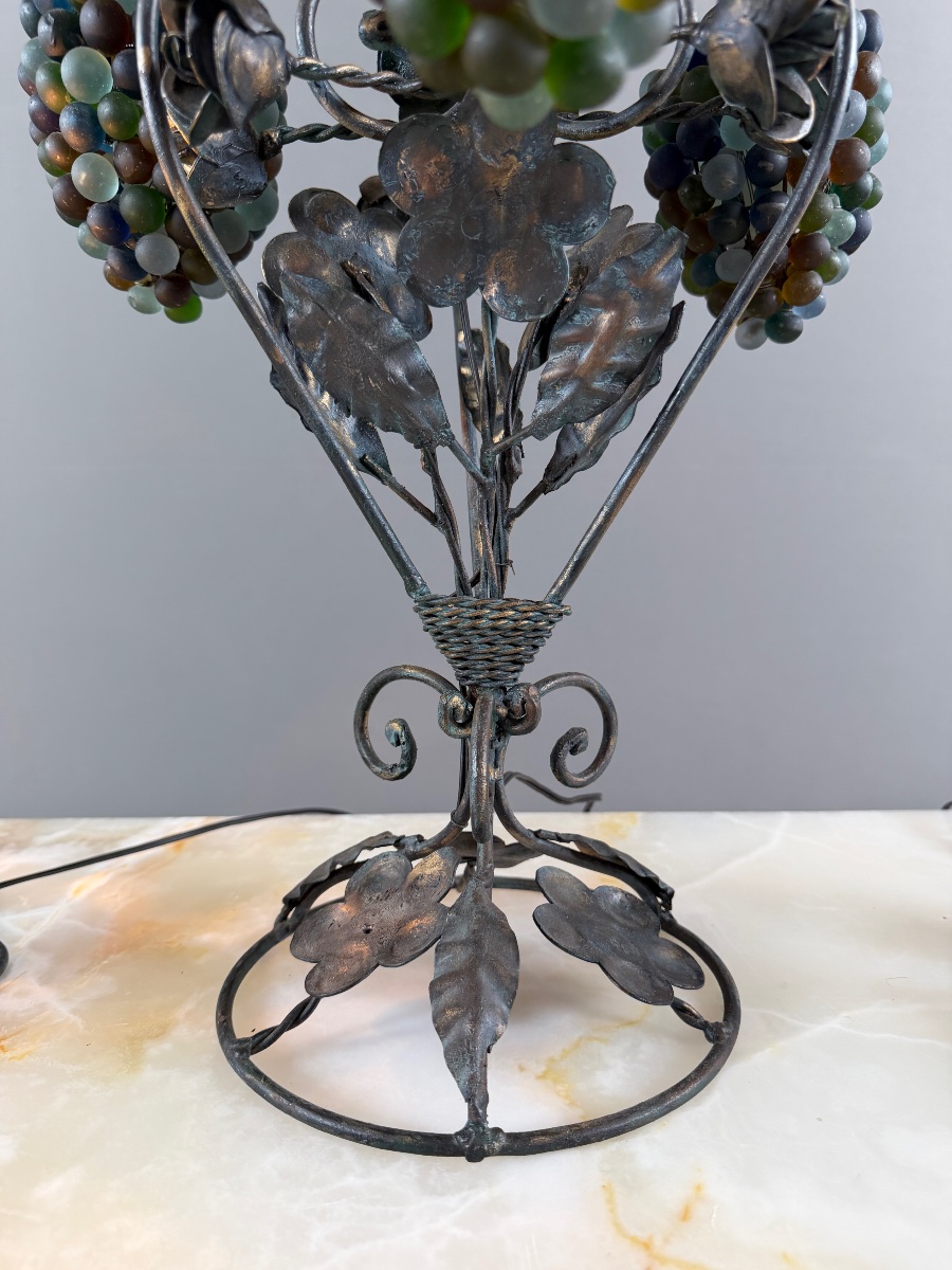 Garniture de trois lampes en bronze et verre de Murano polychrome, XXe Siècle-photo-4