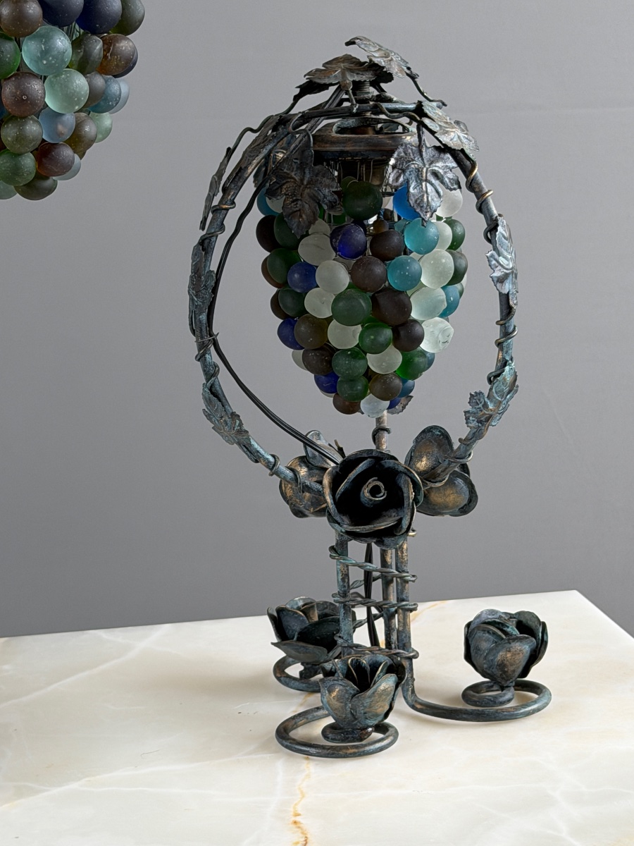 Garniture de trois lampes en bronze et verre de Murano polychrome, XXe Siècle-photo-1