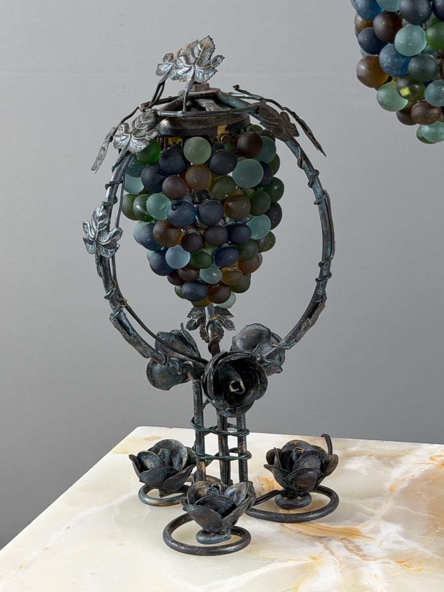 Garniture de trois lampes en bronze et verre de Murano polychrome, XXe Siècle-photo-2