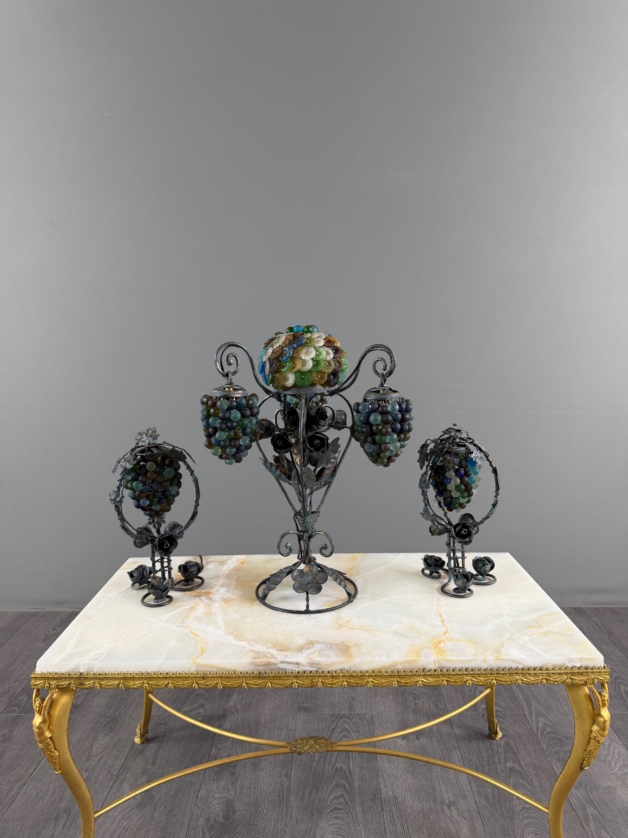 Garniture de trois lampes en bronze et verre de Murano polychrome, XXe Siècle-photo-3