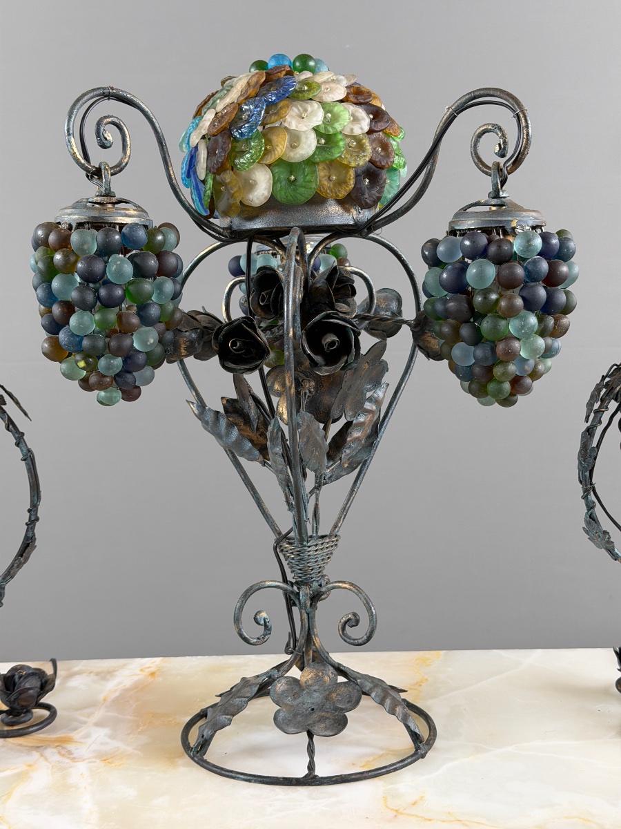 Garniture de trois lampes en bronze et verre de Murano polychrome, XXe Siècle-photo-4