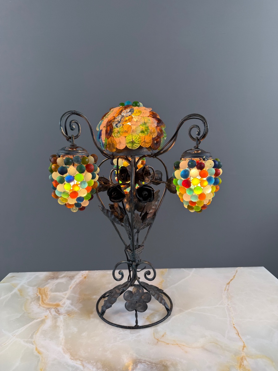 Garniture de trois lampes en bronze et verre de Murano polychrome, XXe Siècle-photo-5