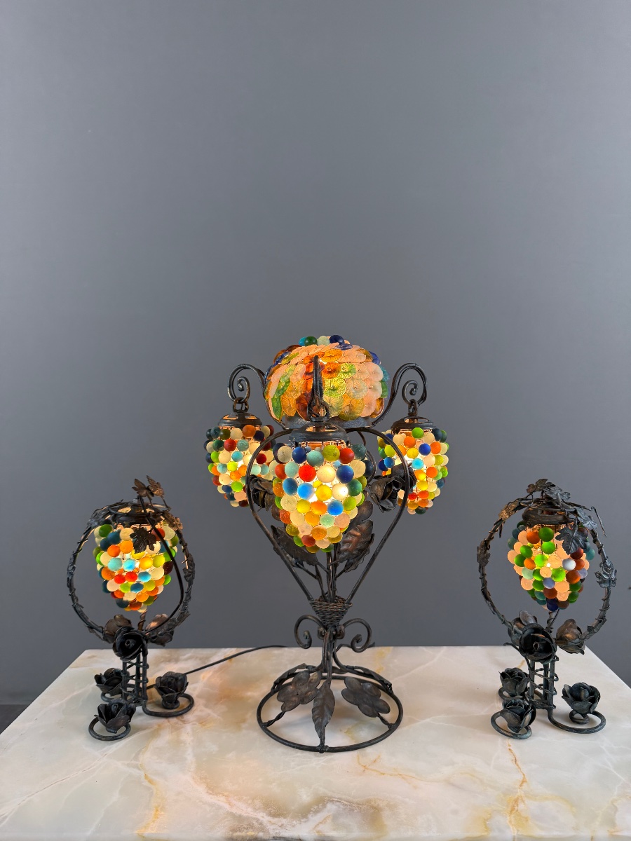 Garniture de trois lampes en bronze et verre de Murano polychrome, XXe Siècle-photo-6