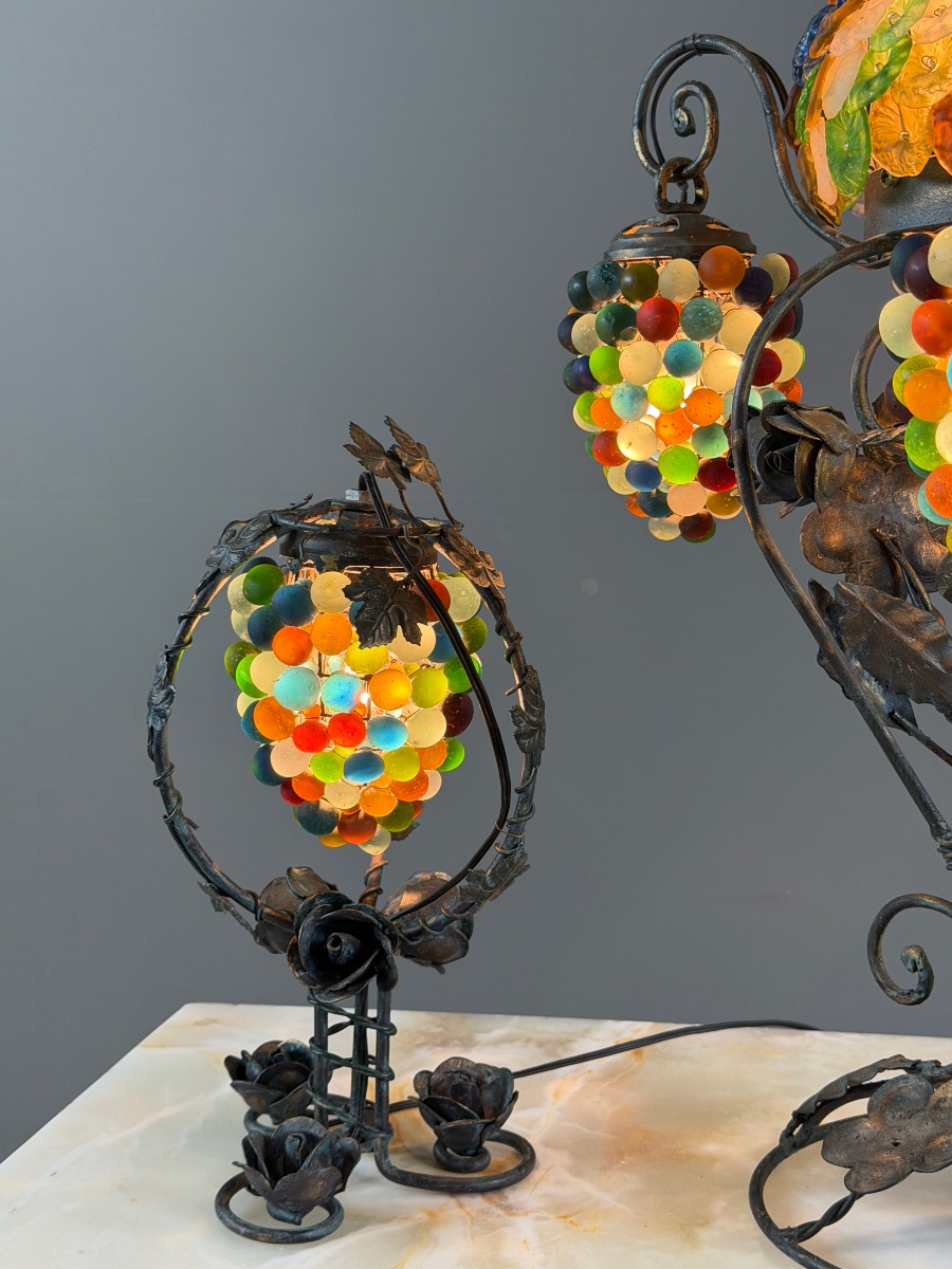 Garniture de trois lampes en bronze et verre de Murano polychrome, XXe Siècle-photo-7