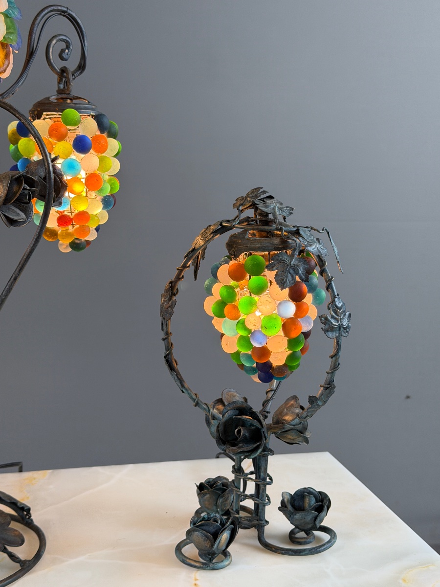 Garniture de trois lampes en bronze et verre de Murano polychrome, XXe Siècle-photo-8