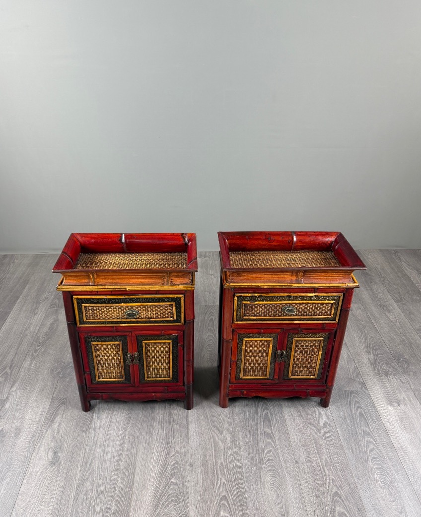 Pair Of Chinese Painted Wooden Nightstands, 20th Century-photo-2
