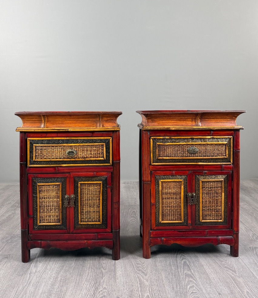 Pair Of Chinese Painted Wooden Nightstands, 20th Century