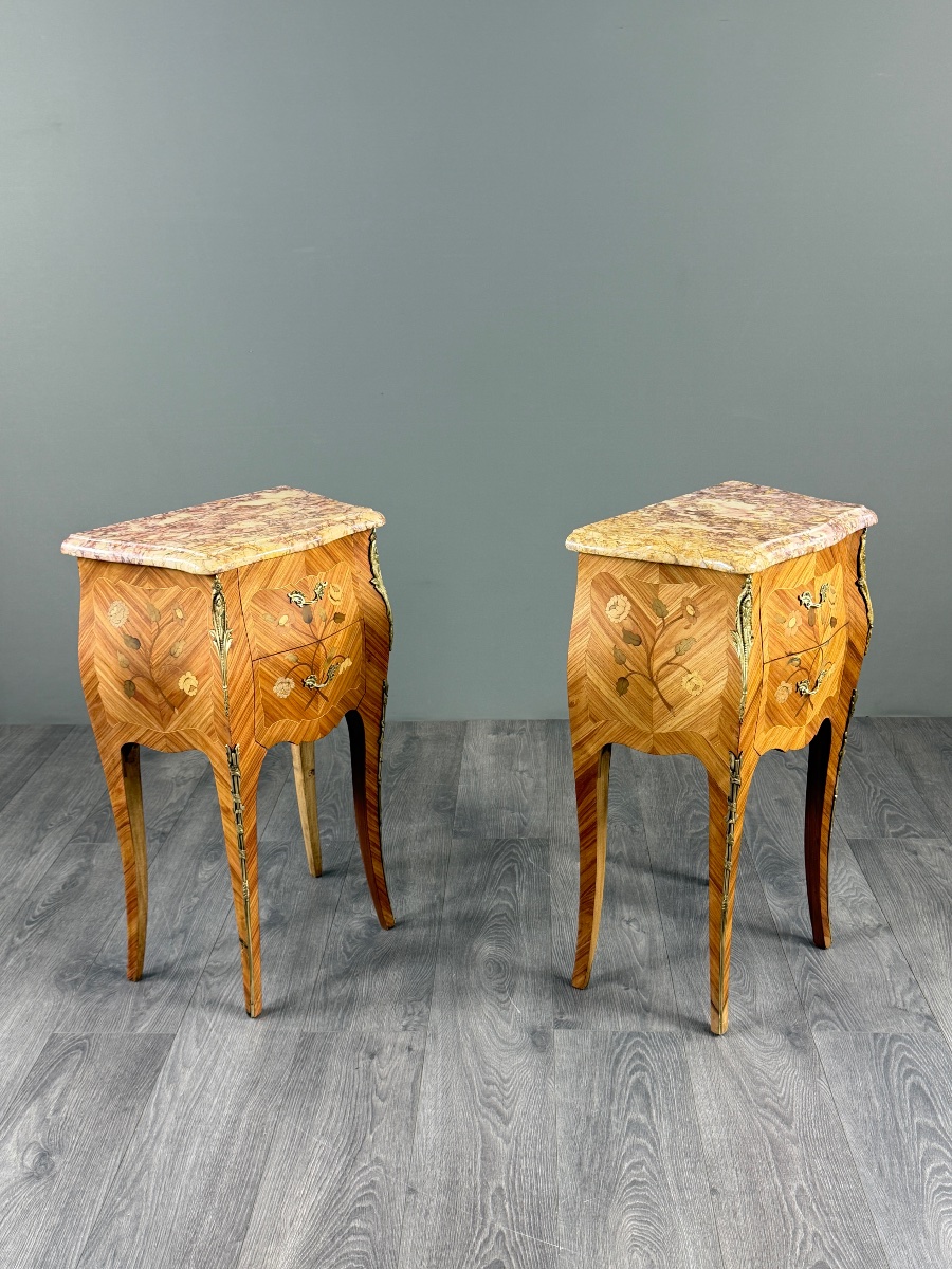 Paire de chevets de style Louis XV en marqueterie et marbre,  XXe siècle-photo-3