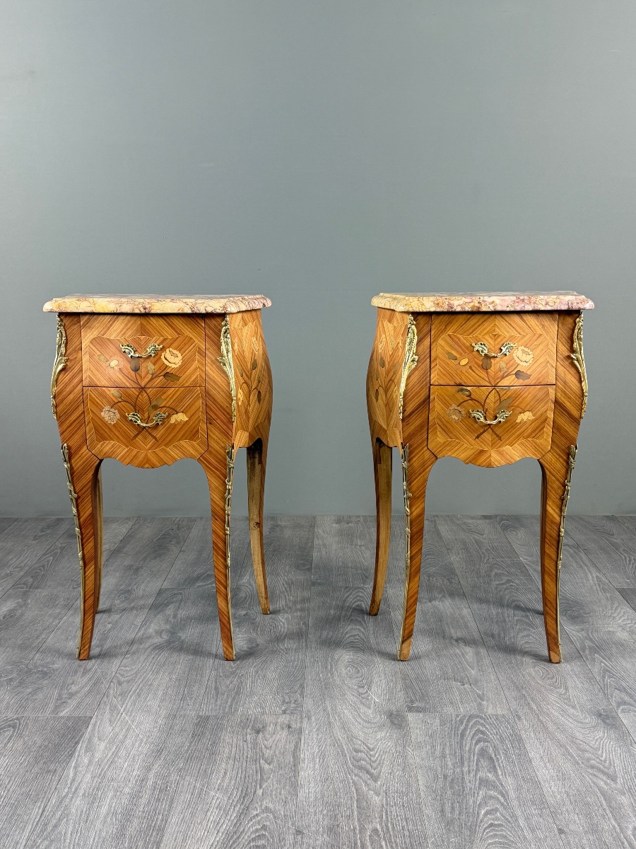 Paire de chevets de style Louis XV en marqueterie et marbre,  XXe siècle-photo-5