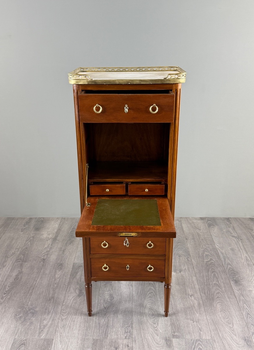 Louis XVI-style Drop-leaf Desk In Mahogany, Marble, And Bronze, 19th Century-photo-2