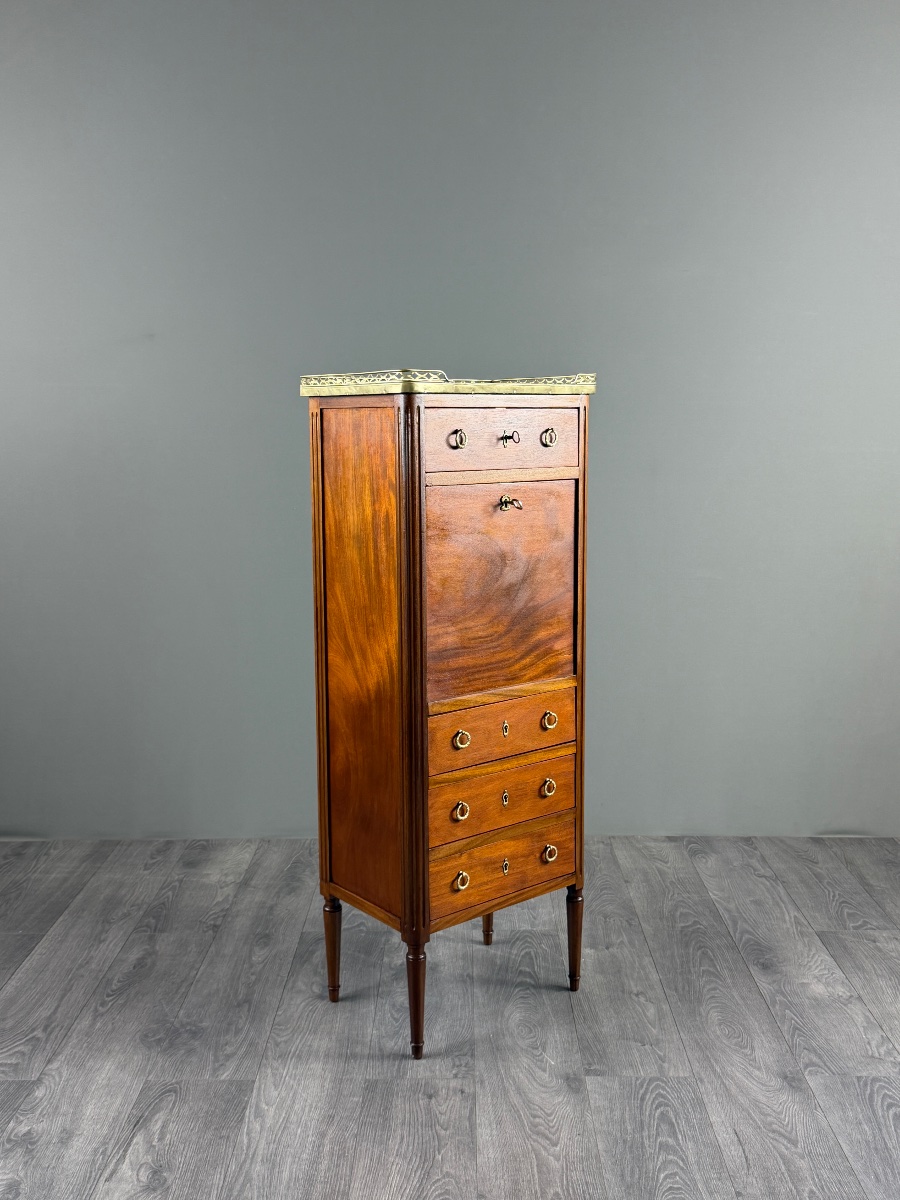 Louis XVI-style Drop-leaf Desk In Mahogany, Marble, And Bronze, 19th Century-photo-3