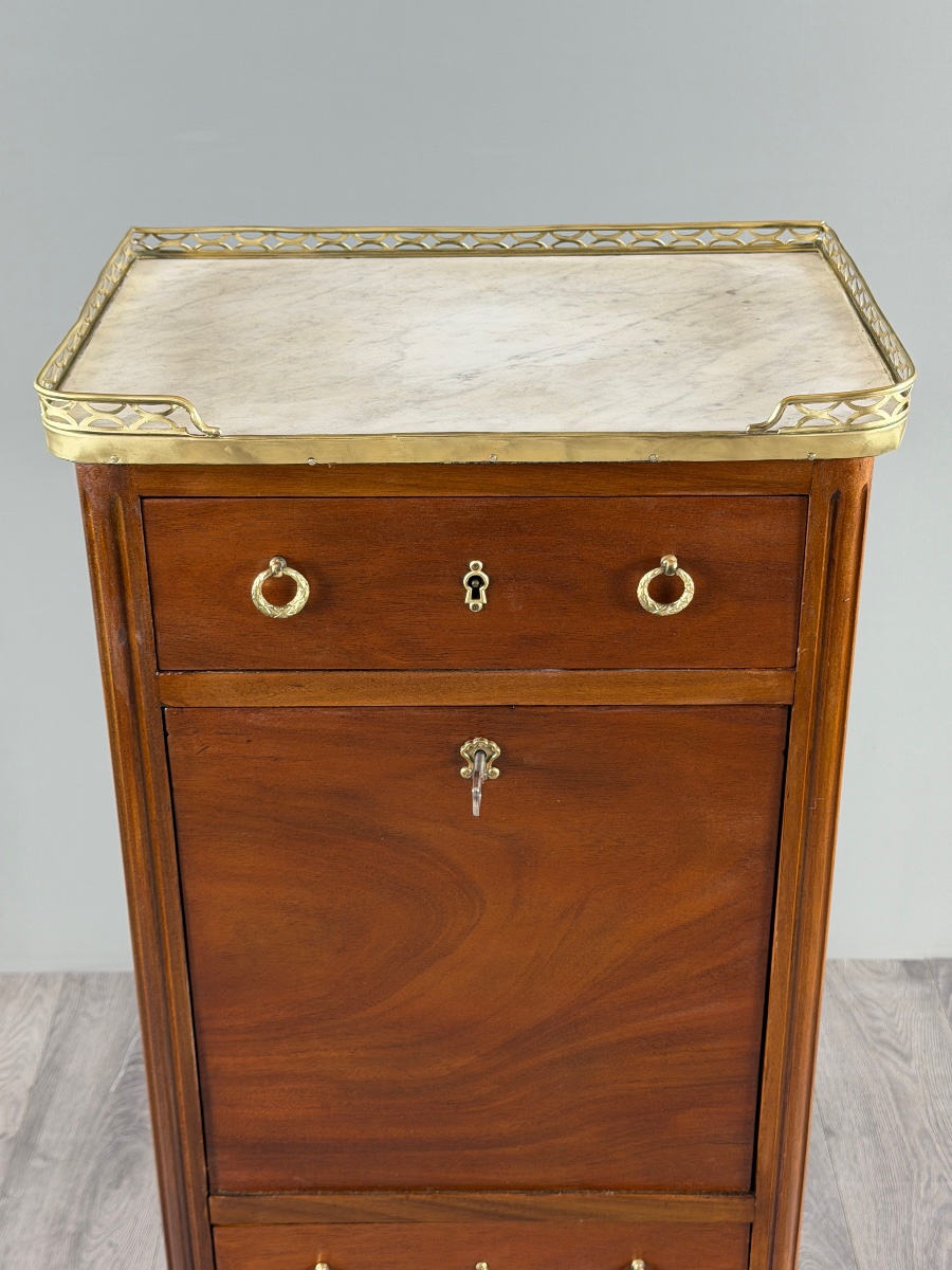 Louis XVI-style Drop-leaf Desk In Mahogany, Marble, And Bronze, 19th Century-photo-3