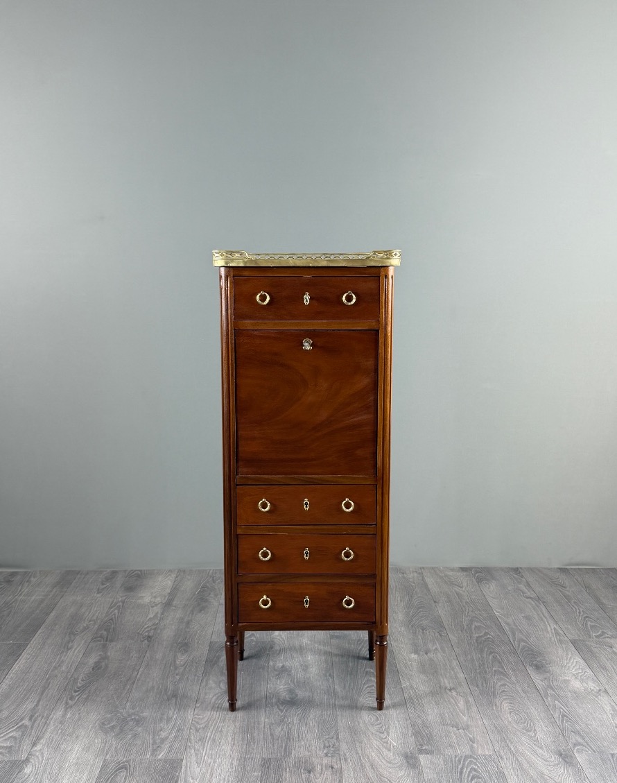 Louis XVI-style Drop-leaf Desk In Mahogany, Marble, And Bronze, 19th Century