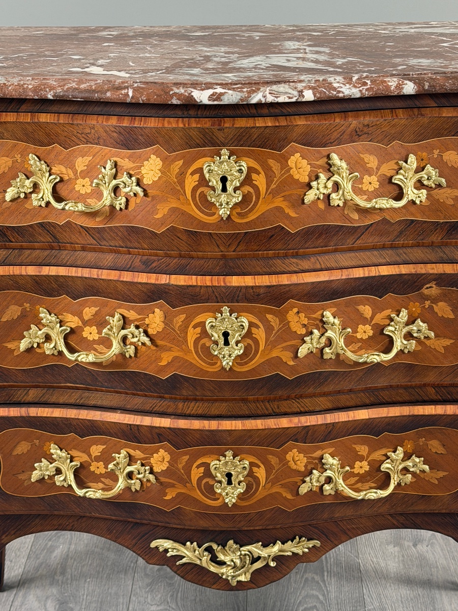 Commode de style Louis XV en marqueterie, bronze doré et marbre, XIXe Siècle-photo-3