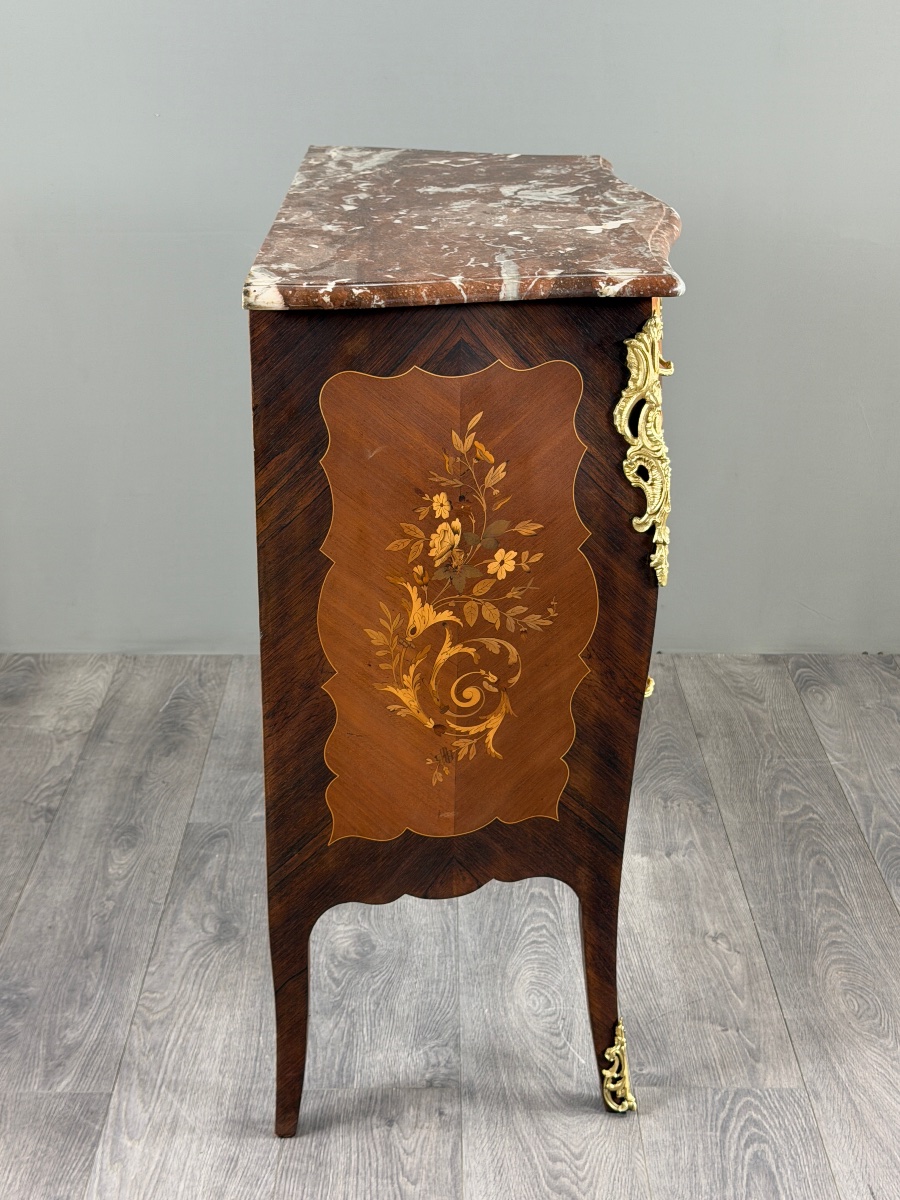 Commode de style Louis XV en marqueterie, bronze doré et marbre, XIXe Siècle-photo-3
