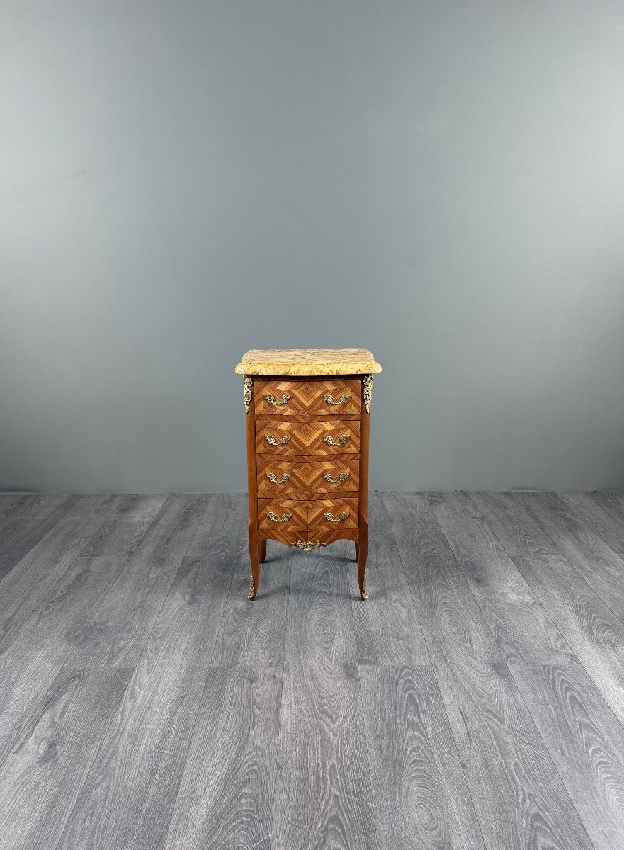 Petite commode de style Louis XV en marqueterie et dessus de marbre, XIXe Siècle-photo-2