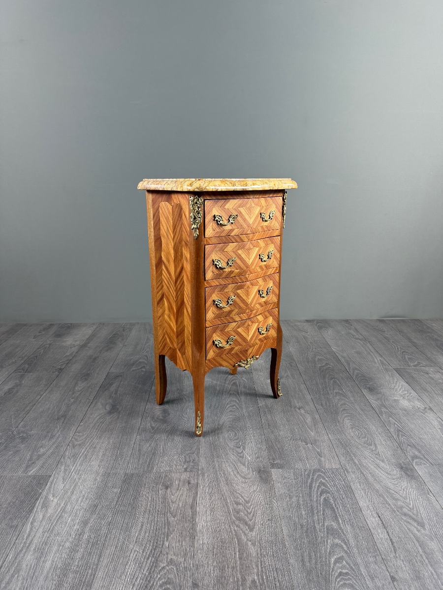 Petite commode de style Louis XV en marqueterie et dessus de marbre, XIXe Siècle-photo-4