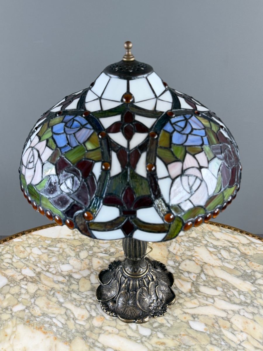 Tiffany-style Table Lamp With Polychrome Stained Glass, 20th Century-photo-3