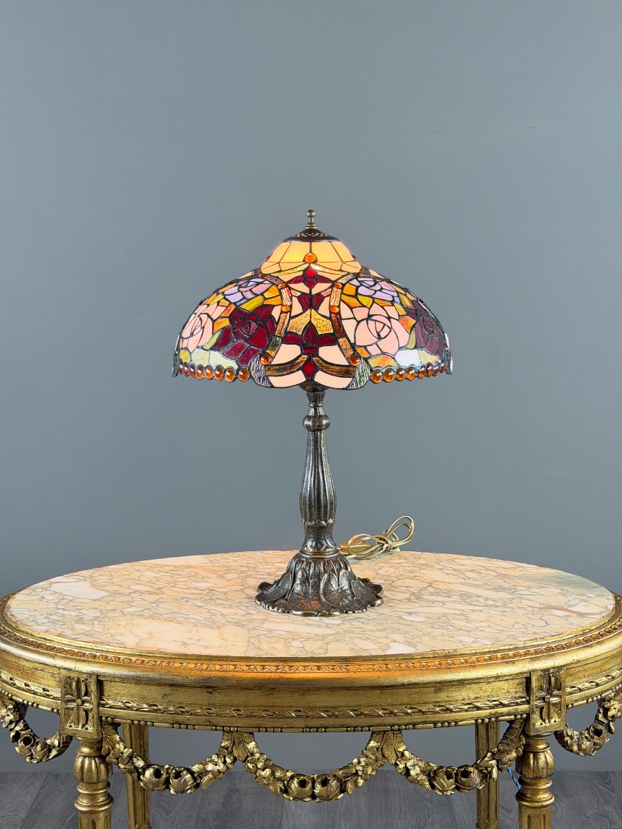 Tiffany-style Table Lamp With Polychrome Stained Glass, 20th Century-photo-3