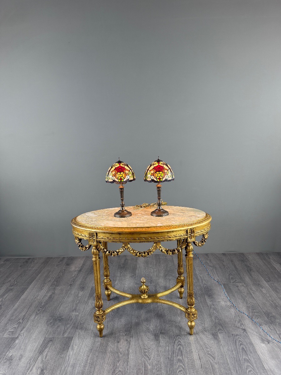 Paire de lampes de style Tiffany en verre coloré, XXe Siècle-photo-7